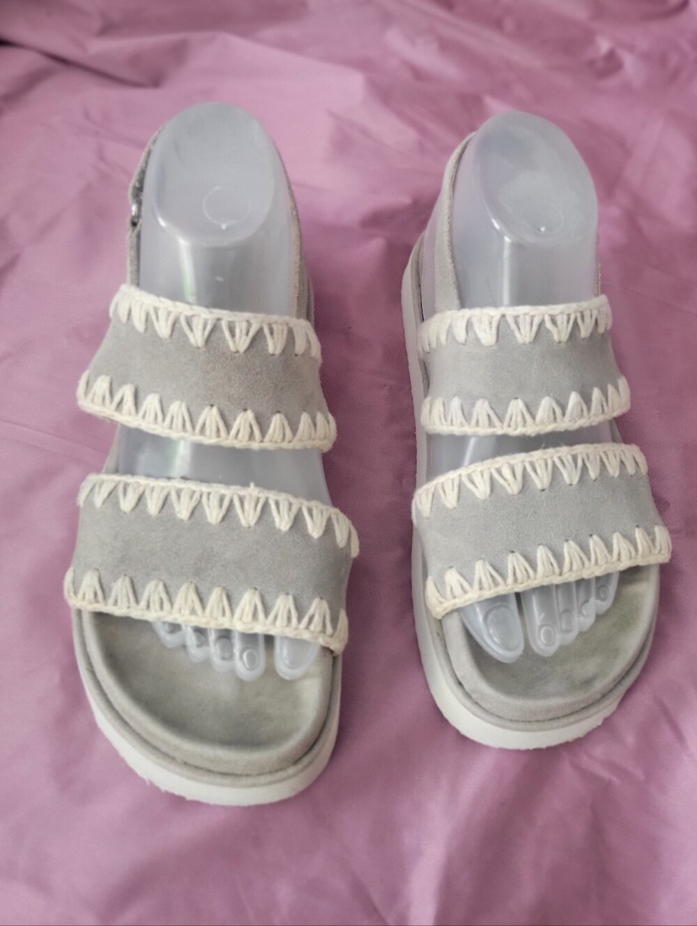 Mou Women's Light Gray Suede Double-Strap Sandals with Cream Stitching